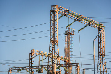 High-voltage power lines. Electrical pylon