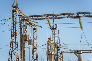 High-voltage power lines. Electrical pylon