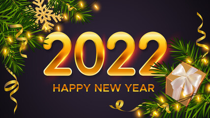 2022 New Year background with golden numbers 2022, realistic pine branches, gifts box, glitter gold snowflakes and tinsel. New Years and Christmas poster, greeting card, banner