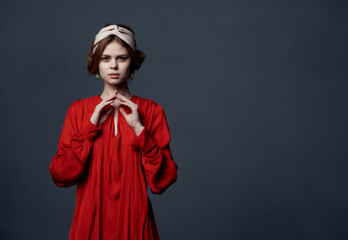 cheerful woman in red dress decoration fashion evening romance