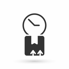 Grey Carton cardboard box and fast time delivery icon isolated on white background. Box, package, parcel sign. Delivery and packaging. Vector