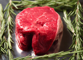 One fillet steak on a metal tray and fresh rosemary herb. Butcher craft product. Finest cut of...