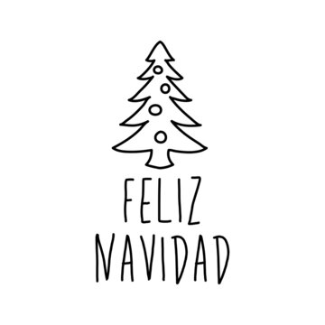 Banner con frase FELIZ NAVIDAD en español manuscrito con silueta de árbol de navidad con bolas en color negro