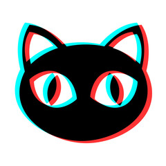 Simple illustration of cat face with 3d effect and blue and red colors - obrazy, fototapety, plakaty