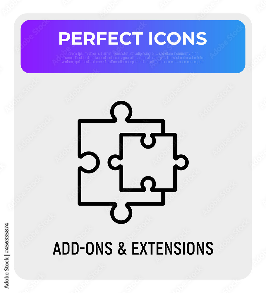 Poster add-ons and extensions. browser add thin line icon, two details of puzzle. modern vector illustratio