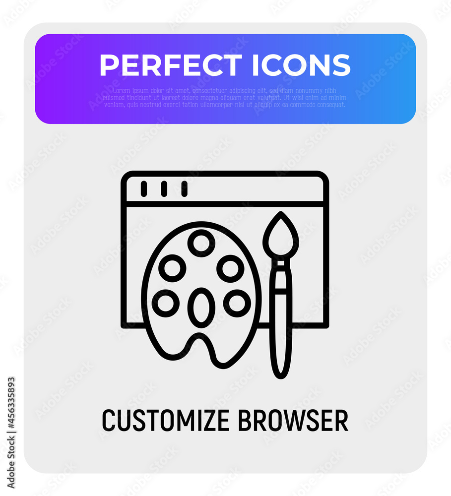 Aufkleber customize browser thin line icon, web page with paint palette and brush. modern vector illustration.