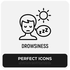 Drowsiness thin line icon. Abnormal sleepiness during the day. Illness symptom. Modern vector illustration.