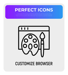 Customize browser thin line icon, web page with paint palette and brush. Modern vector illustration.