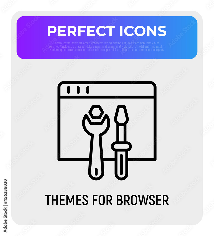 Poster browser settings thin line icon, wrench and screwdriver on web page. themes for browser. modern vect