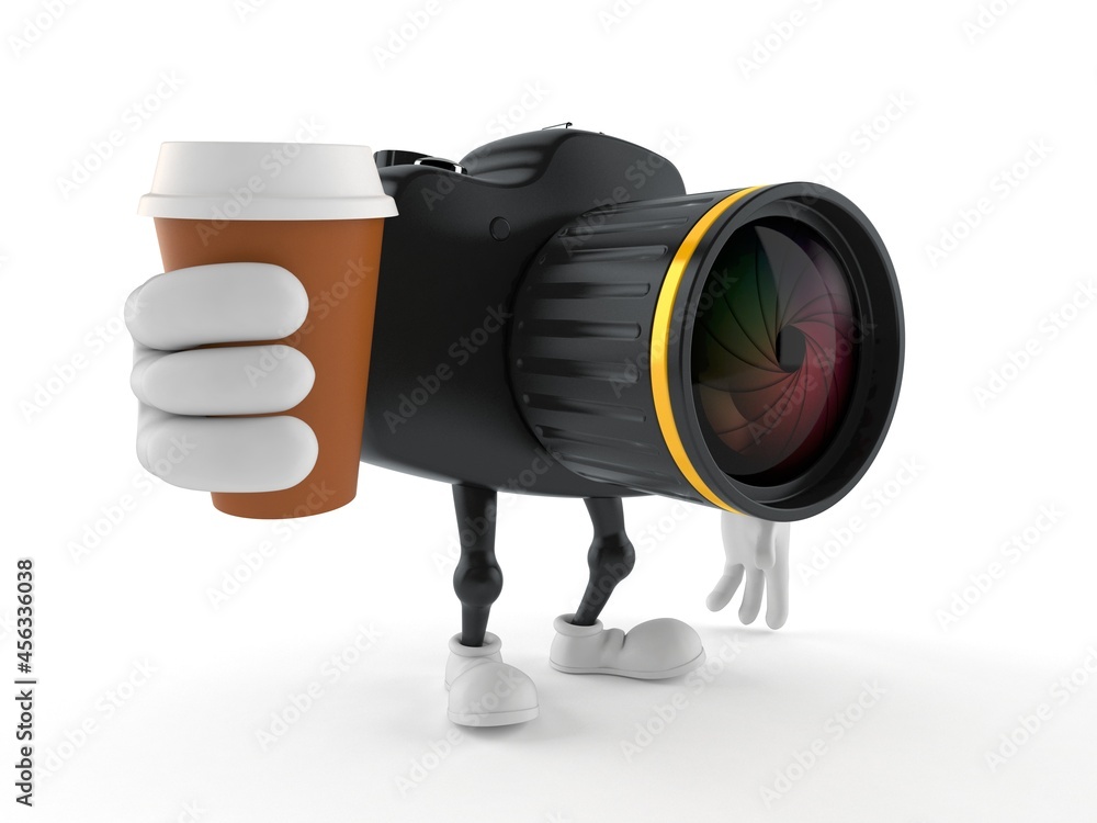 Sticker camera character holding coffee cup