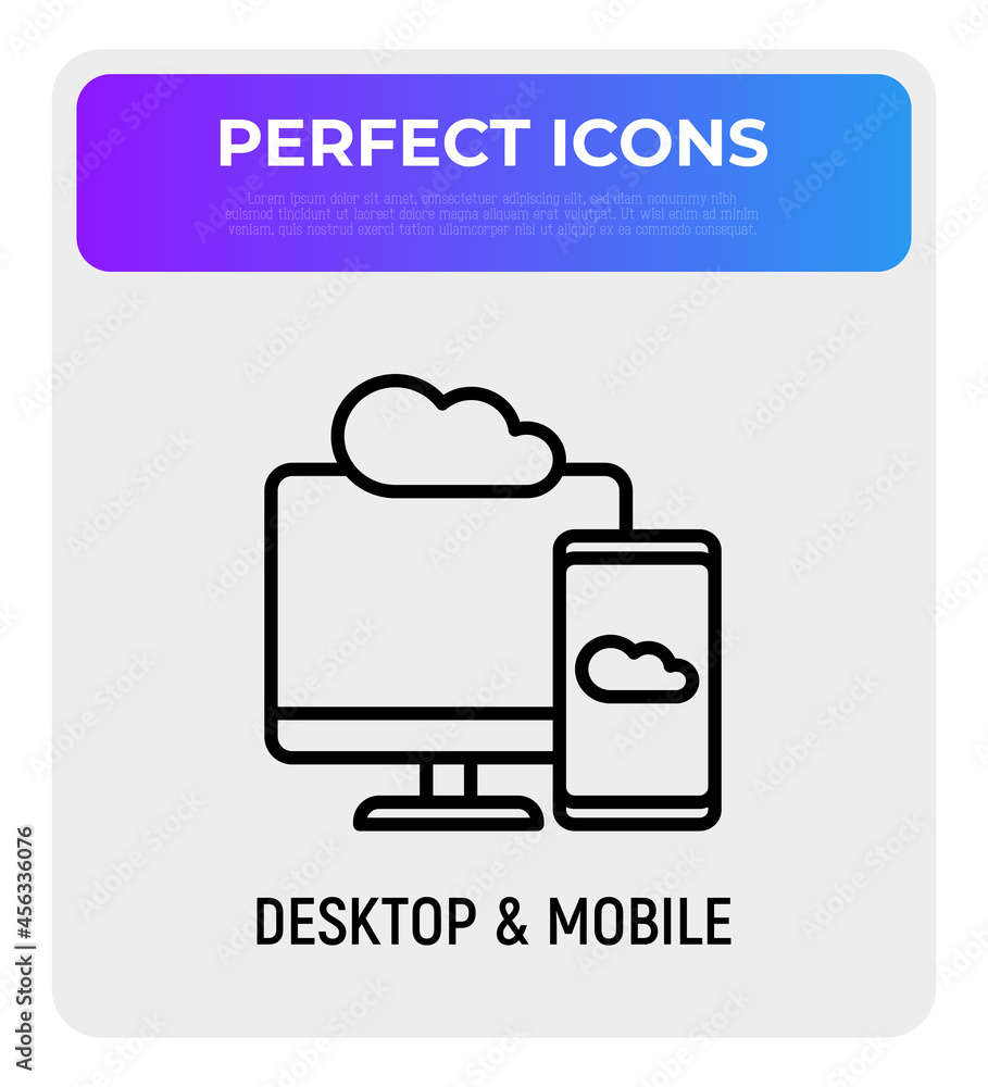 Poster cloud computing thin line icon, smartphone sync with desktop. modern vector illustration.