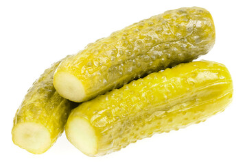 Pickled cucumbers isolated on white background. marinated pickles. salted cucumbers close up