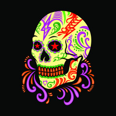 Colorful mexican skull vector illustration for apparel, poster, tattoo, skate deck, sticker. Isolated on black background. Vector eps 10
