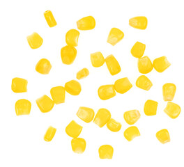 Sweet yellow corn seeds isolated on white background. Raw fresh corn texture close up. macro