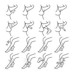 Hair Removal Methods lady's on the legs and underarms collection icons set.