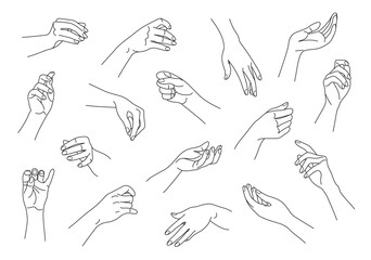 Collection of monochrome woman hands in various positions. Outline female hands set. Black and white vector illustration.
