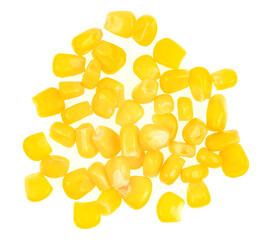 Sweet yellow corn seeds isolated on white background. Raw fresh corn texture close up. macro