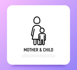Single mother and child thin line icon. Modern vector illustration.