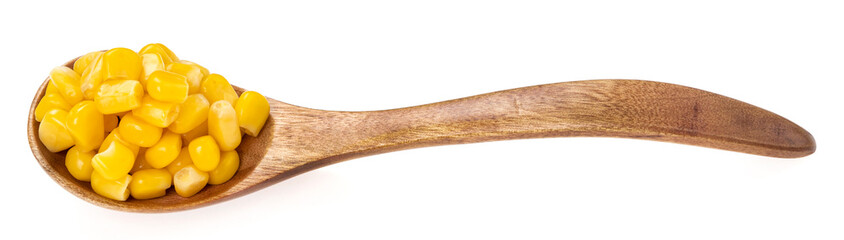 Wooden spoon with raw corn seeds isolated on white background. Raw fresh corn close up.