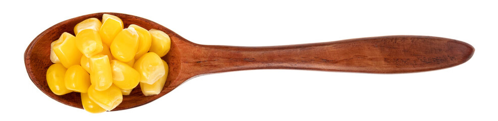 Wooden spoon with raw corn seeds isolated on white background. Raw fresh corn close up.