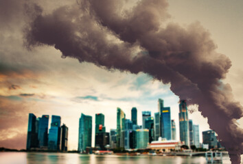 Obraz premium polluted city thick smoke and skyscrapers in background