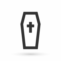 Obraz premium Grey Coffin with christian cross icon isolated on white background. Happy Halloween party. Vector