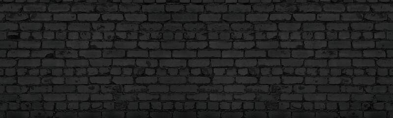 Black old rough shabby brick wall wide panoramic texture. Dark gray rough masonry. Aged brickwork panorama. Abstract gloomy grunge background