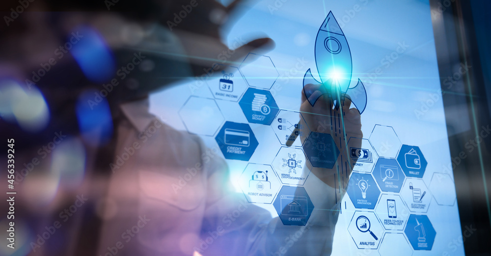 Poster businessman working on modern computer showing startup concept with icon business and network connec