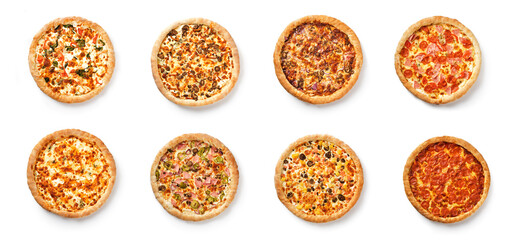 Big set of pizzas isolated on white background. Top view. Pizza assortment collection. Various ingredients