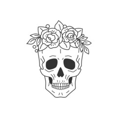 Skull decorated with a wreath of roses. Line drawing. Vector illustration