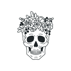 Ancient skull decorated with wildflowers, leaves and berries. Vector illustration
