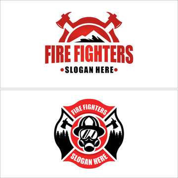 Firefighters emblem forest ax and mask safety logo design