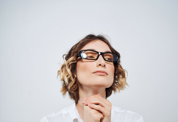 Business woman in glasses documents emotions office Copy Space