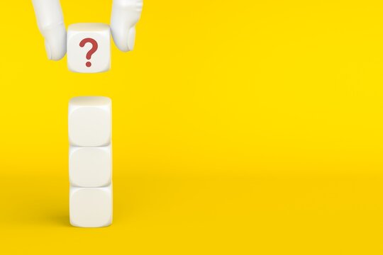 Questions Mark word in cube block stacking on yellow background. FAQ Answer, Q&A. Copy space. 3D rendering