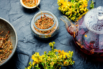 Flower with green leaves hypericum,herbal medicine