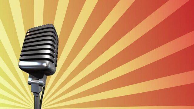 Retro microphone rotating on a stand. Yellow rays are spinning on an orange background. Seamless looping