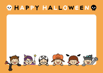ハロウィンの仮装をする子どもたち（主線あり）のイラスト（フレーム）