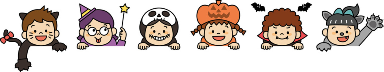 ハロウィンの仮装をする子どもたち（主線あり）のイラスト
