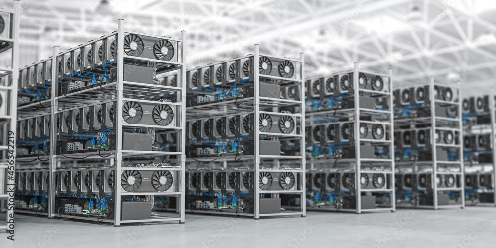 Poster bitcoin and others cryptocurrencies mining farm. gpu graphic cards rig for cryptocurrency mining.