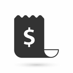 Grey Paper check and financial check icon isolated on white background. Paper print check, shop receipt or bill. Vector