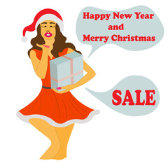 young sexy woman in red dress and hat holds gift box for New Year and Christmas. The girl opens a big surprise gift. Vector illustration. Happy New Year and Merry Christmas. Sale