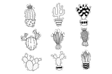 Naklejka premium set of black and white doodle cactus illustration