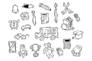 cute school doodle icons collection on white background