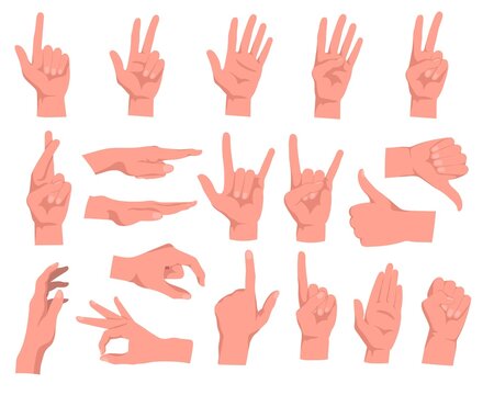 Set of hand gestures cartoon vector illustration. Human palm with fingers in different positions, showing numbers, direction, symbols and signs. Pose, gesturing, signal, hand waving concept