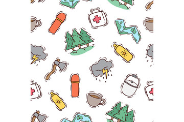 doodle style of camping elements in seamless pattern