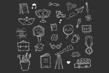 set of school supplies or icons with doodle style on chalkboard background