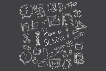 Fototapeta na wymiar back to school icons or elements with doodle style on chalkboard background