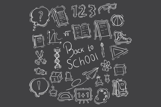 back to school icons or elements with doodle style on chalkboard background