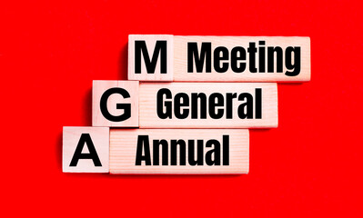 On a bright red background, light wooden blocks and cubes with the text AGM Annual General Meeting