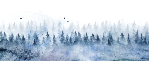 Seamless pattern with winter spruce forest. Watercolor painting isolated on white background.